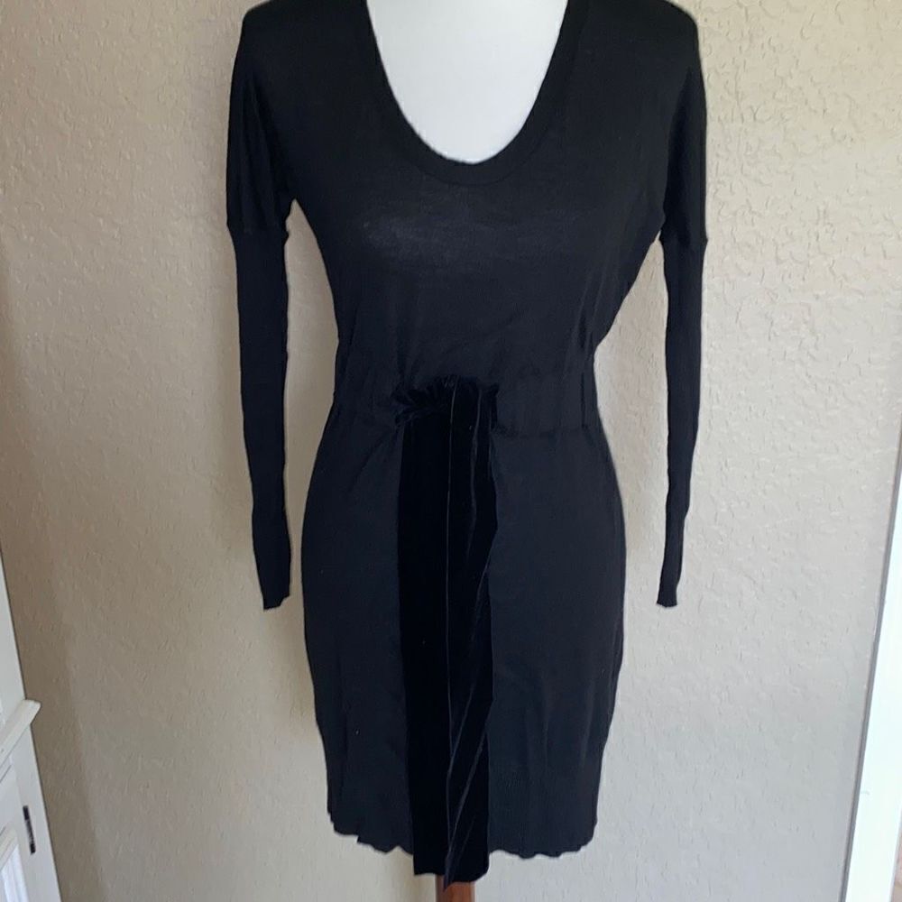 Ann Taylor LBD little black dress knit with velvet ribbon belt Sz XS